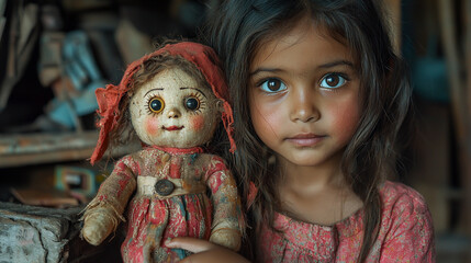 Little girl in India joyfully plays with an old rustic doll amidst a background of worn-out artifacts