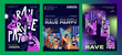© Paper Trident - Designs of techno rave party event posters set. Templates of stylish disco in trendy night club promotion. Modern public nightlife in fashion nightclub with electronic music. Flat vector illustrations