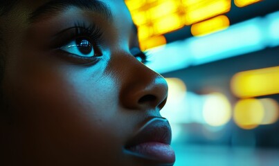 Sticker - Close-up of face illuminated by colorful blurry lights.