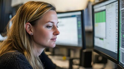 Wall Mural - a woman software developer integrates manufacturing software into production systems, improving data