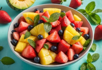 Canvas Print - Refreshing Summer Fruit Salad with Watermelon, Strawberries, Pineapple, and Blueberries