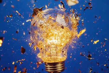 Wall Mural - a luminous crystal light bulb shatters mid-explosion, releasing vibrant paint splashes and golden sparks against a deep blue backdrop, symbolizing innovation and creativity
