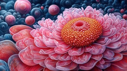 Wall Mural - Vibrant close-up of a pink flower with intricate textures against a dark, abstract background