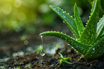 Close up of an aloe vera plant with dripping sap, blurred background, concept of natural medicine