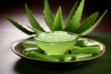 Wall Mural - Soothing aloe vera gel in a bowl with plant pieces, offering natural relief and skincare benefits