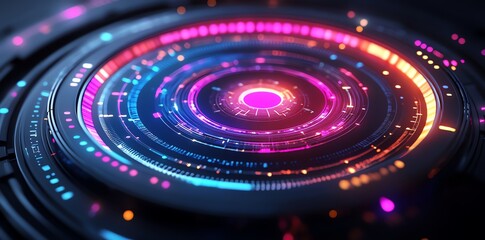 Wall Mural - neon circular tech interface: vibrant pink, blue, and orange hues