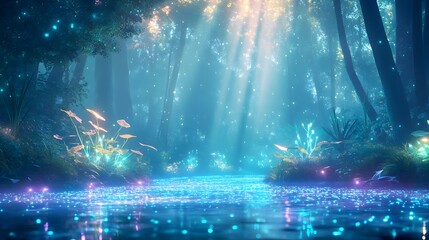 Wall Mural - enchanting glowing forest river scene - fantasy/magical