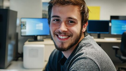 Wall Mural - a man engineer smiles as he trains new employees on the benefits of digital twins in manufacturing, 