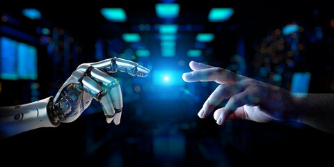 Fototapete - Robot hand making contact with a man on dark tech background with a blue halo at center. Generative ai cyborg hand