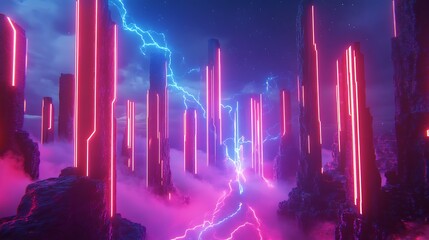 Abstract Pulsing Electric Neon Wave in Futuristic Digital Landscape