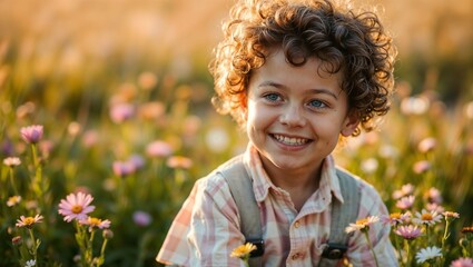 Portrait of a little boy with a radiant smile on his face, curly hair catching the soft spring sunlight, wearing a pastel-colored shirt with suspenders, sitting in a field of blooming wildflowers