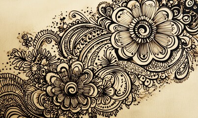 Black, floral design drawn on a textured light background.