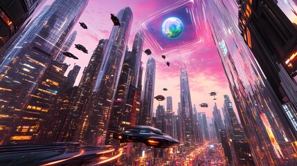 Wall Mural - Futuristic Cityscape with Flying Vehicles at Sunset