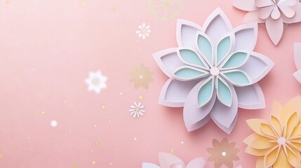 Wall Mural - Pastel paper flowers on pink background.