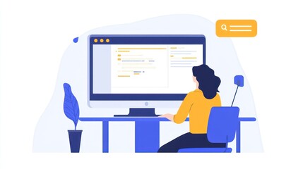Woman Coding on Desktop Computer, Modern Workplace Illustration