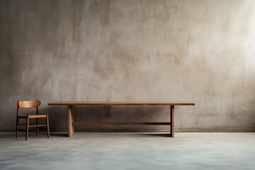 Wall Mural - Modern minimalist interior design featuring wooden table and chair against concrete wall