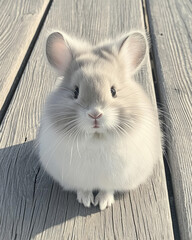 Wall Mural - A charming selfie of a chinchilla with soft, silvery fur, posed elegantly on a rustic wooden surface with subtle shadows,