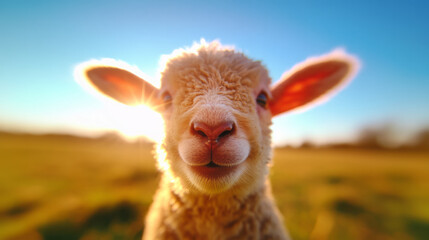 Wall Mural - A cute selfie of a baby lamb frolicking in a sunny pasture, with its woolly coat and joyful expression highlighted by natural light,