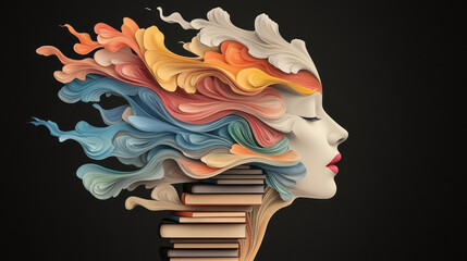 Wall Mural - An artistic representation of a human head blending seamlessly with a stack of colorful books, surrounded by swirling abstract patterns and vibrant hues,