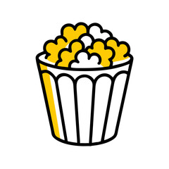 A simple graphic shows a striped container filled with fluffy popcorn kernels