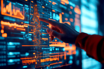 Person interacting with a digital data interface display.