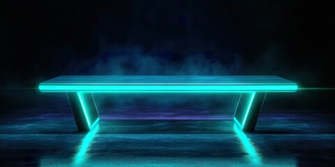 Wall Mural - 3d illustration of empty table in dark room with neon light and smoke.