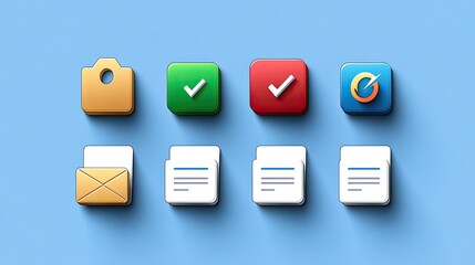 Colorful app icons, checklist, documents, blue background, software interface