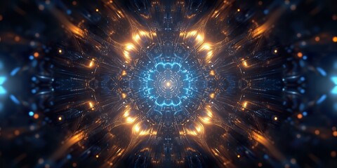 Wall Mural - 3d illustration of abstract geometric composition with glowing particles in dark space.