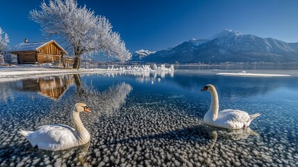 Wall Mural - Two swans on a crystal-clear lake, reflected in the calm water, beside a snow-covered cabin and frosty trees, with mountains in the background.
