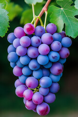 Fototapete - A vibrant close-up photograph of a bunch of juicy grapes hanging on a lush green vine, captured with soft natural lighting to highlight their rich colors and textures,