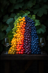 Poster - A creative flat lay image featuring an assortment of colorful grapes arranged aesthetically on a rustic wooden table, complemented by fresh leaves and elegant glassware,