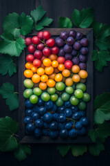 Aufkleber - A creative flat lay image featuring an assortment of colorful grapes arranged aesthetically on a rustic wooden table, complemented by fresh leaves and elegant glassware,