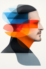 Poster - An abstract portrait of a person with multiple, overlapping faces and vivid colors, representing the fragmented and vivid nature of hallucinations,