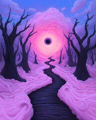 Poster - A vibrant illustration of a forest where trees have eyes and animated expressions, blending reality with fantastical elements to depict hallucinations,