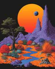 Poster - A vibrant illustration of a forest where trees have eyes and animated expressions, blending reality with fantastical elements to depict hallucinations,