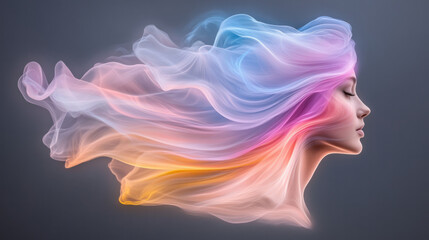 Poster - An ethereal image of a person surrounded by translucent, colorful swirls and light trails, representing the sensory overload associated with hallucinations,