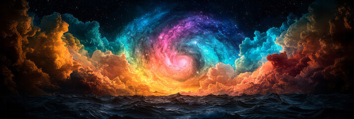 Poster - A hauntingly beautiful landscape where the sky is filled with swirling galaxies and abstract forms, portraying the vast and uncontrollable nature of hallucinations,