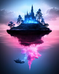 Poster - A surreal underwater scene with floating islands and glowing marine life, blending reality with fantastical elements to depict hallucinations,