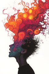 Poster - A dream-like image of a person with their head open, releasing a cascade of colorful, abstract shapes and patterns, representing the flow of hallucinations,