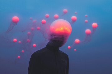 Poster - A captivating artwork of a person surrounded by glowing, translucent orbs and shifting patterns, representing the sensory and perceptual distortions of hallucinations,