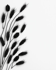 Poster - A minimalist black and white studio photograph of wheat grains scattered artistically on a smooth surface, creating an abstract pattern,