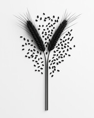 Leinwandbilder - A minimalist black and white studio photograph of wheat grains scattered artistically on a smooth surface, creating an abstract pattern,