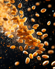 Poster - A creative close-up studio shot of individual wheat grains, showcasing their intricate structures and natural beauty under soft spotlighting,