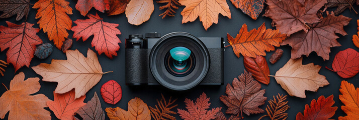 Poster - An artistic close-up of a vintage camera lens surrounded by autumn leaves, highlighting the rich textures and warm colors of the season,