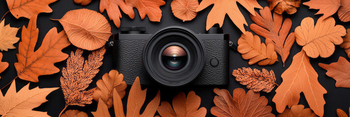 Poster - An artistic close-up of a vintage camera lens surrounded by autumn leaves, highlighting the rich textures and warm colors of the season,