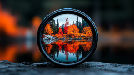 Poster - A picturesque close-up of a camera lens reflecting a serene lake surrounded by autumn foliage, emphasizing the vibrant oranges and reds,