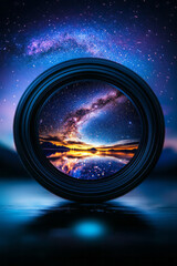 Poster - A creative close-up of a camera lens capturing a starry night sky, with constellations and the Milky Way creating a breathtaking celestial backdrop,