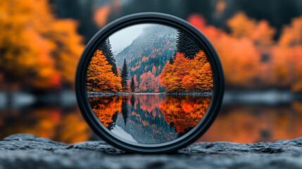 Poster - A picturesque close-up of a camera lens reflecting a serene lake surrounded by autumn foliage, emphasizing the vibrant oranges and reds,