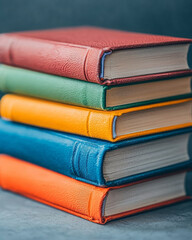 Aufkleber - A detailed macro photograph of a stack of hardcover books with varied colors and textures, arranged neatly with a soft focus on the background for depth,
