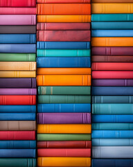 Fototapete - A detailed macro photograph of a stack of hardcover books with varied colors and textures, arranged neatly with a soft focus on the background for depth,